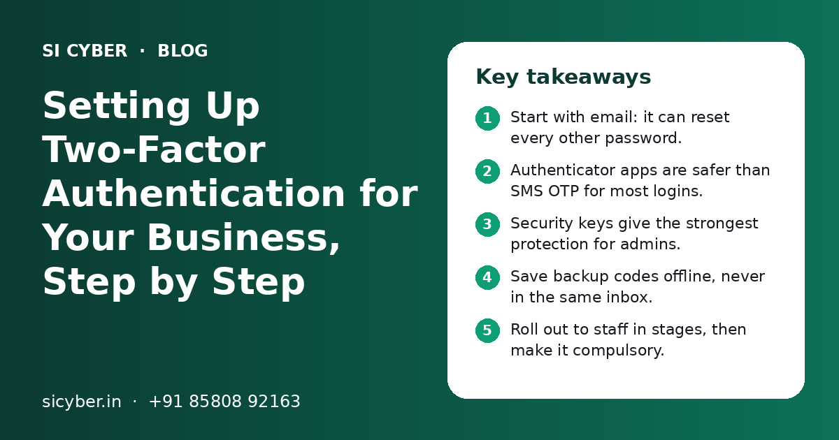 Setting Up Two-Factor Authentication for Your Business, Step by Step: key takeaways infographic