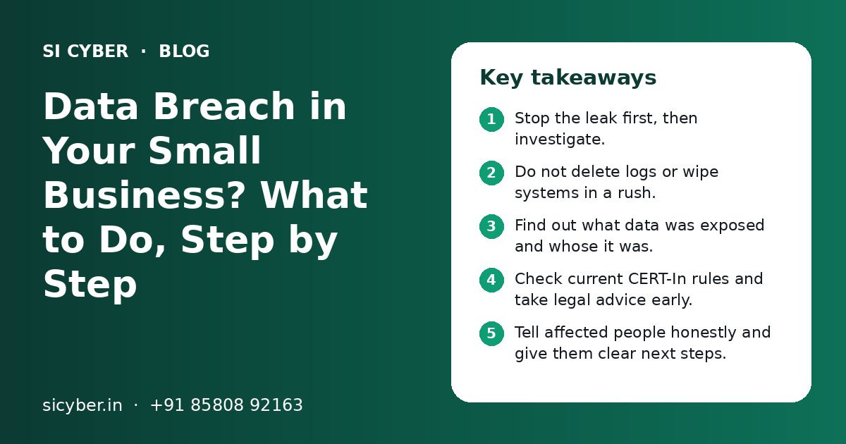 Data Breach in Your Small Business? What to Do, Step by Step: key takeaways infographic